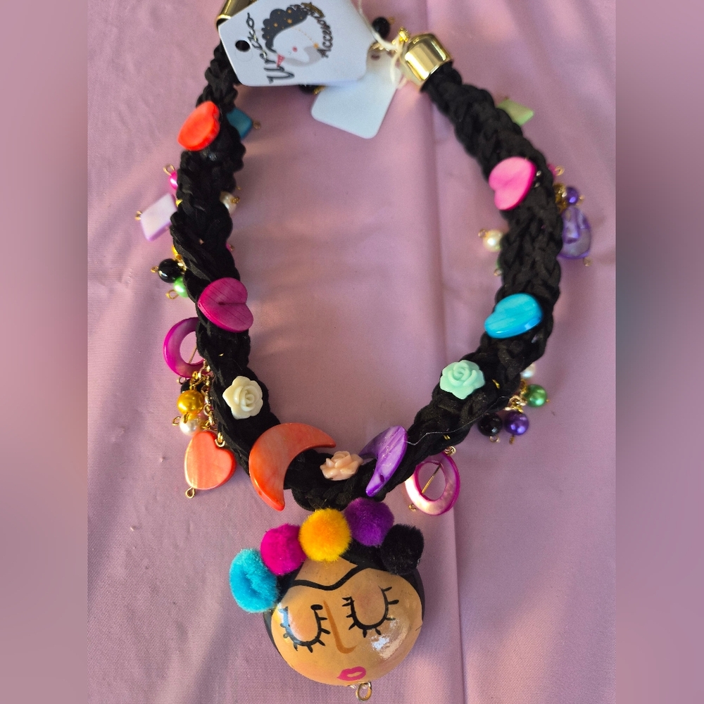 Colorful Beaded Necklace with Black Braided Cord